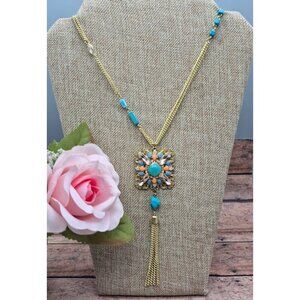 Gold Tone Multi Chain Long Pendant Necklace Tassel Accent Rhinestones 32"